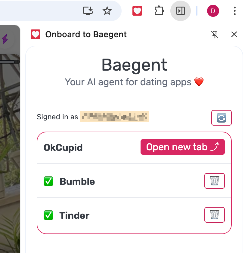 Screenshot of Baegent Chrome Extension